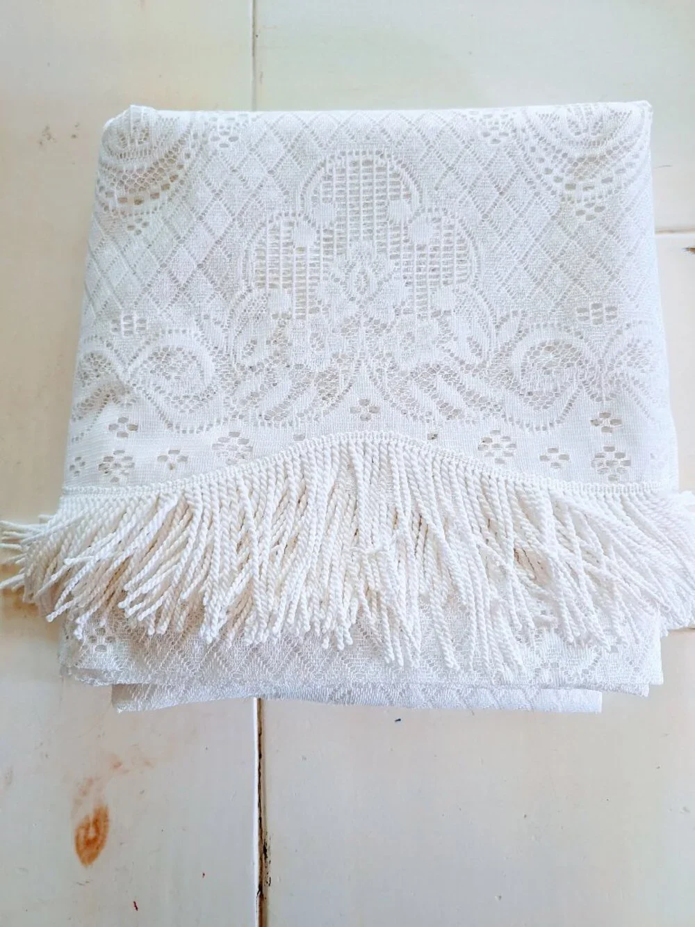 VTG Filet Crochet Lace Curtain Panel Valance White Dove Floral Fringe 176x46 BIG